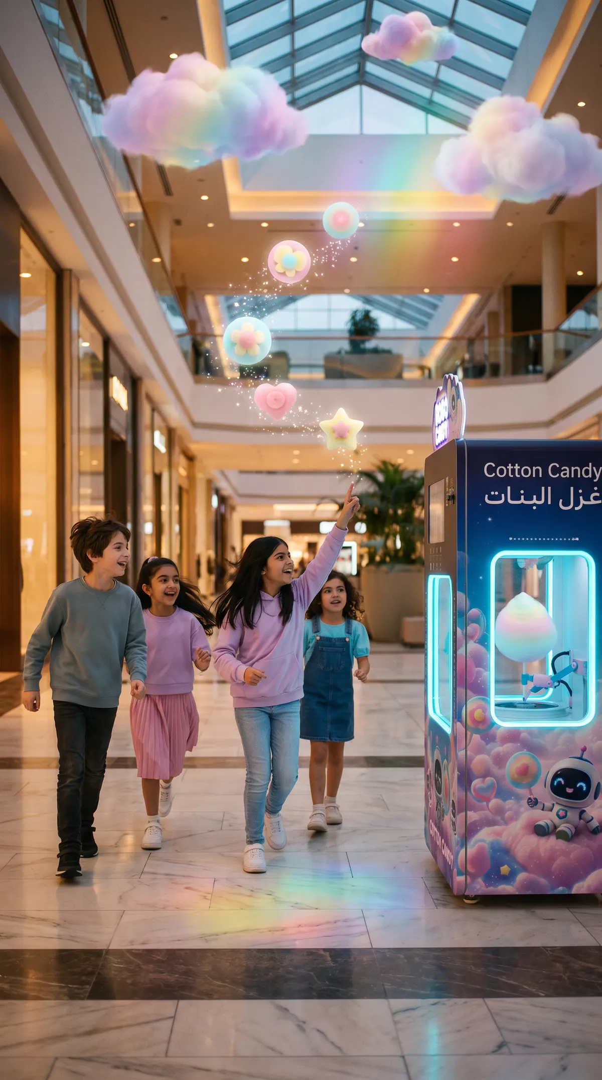 Children running toward the RoboCandy cotton candy robot in a mall