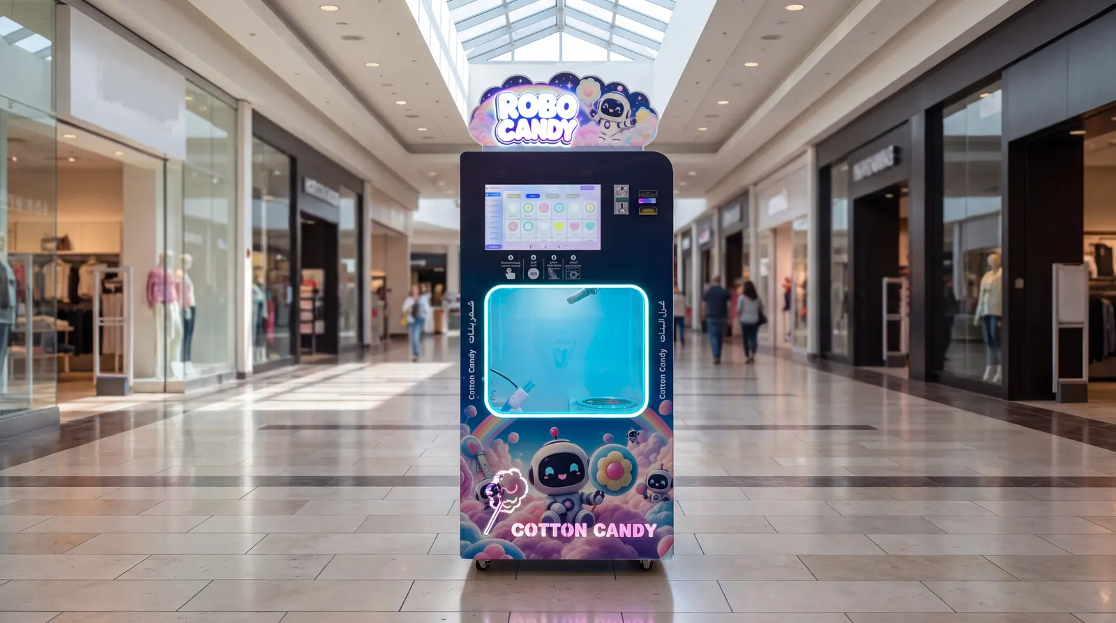 The RoboCandy cotton candy vending machine standing in a shopping mall